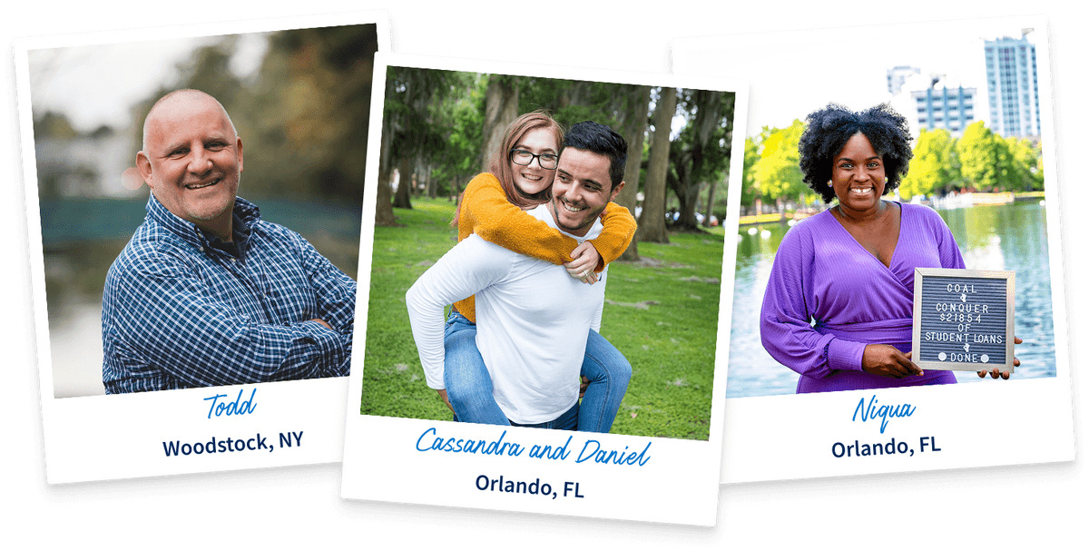 Three photo collage showing debt-free success stories: Todd from Woodstock NY, Ashley B from Orlando FL, and Niqua from Orlando FL.