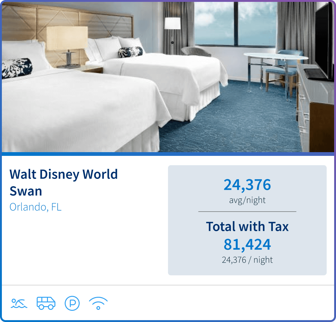 Walt Disney World Swan Resort Hotel, Orlando FL. 24,376 points per night.