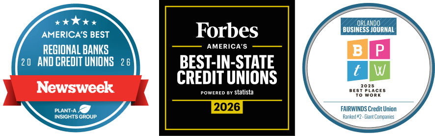 Three award badges: Newsweek America's Best Regional Banks 2026, Forbes Best-in-State Credit Unions 2026, Orlando Business Journal Best Places to Work 2025