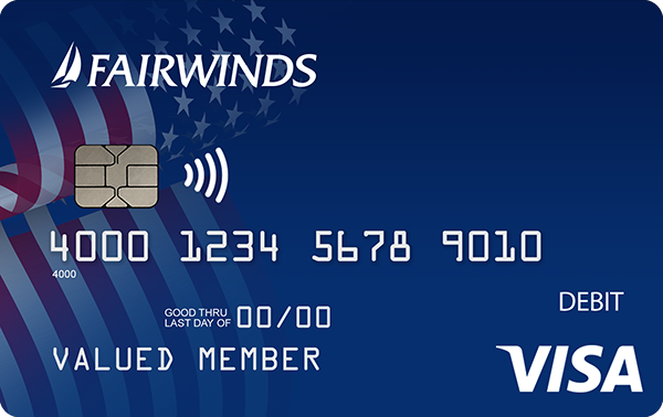Red, white, and blue debit card design.