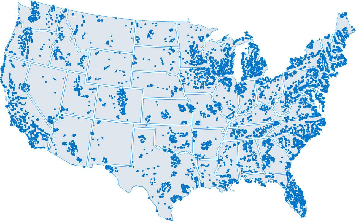 Approximate locations of ATM, Branch, and Partner Branches through the United States.